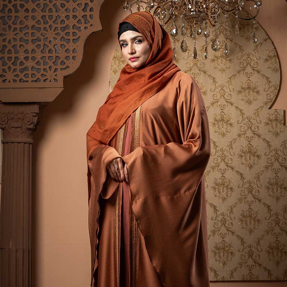 Orange Color Abaya with Lace & Stone Work