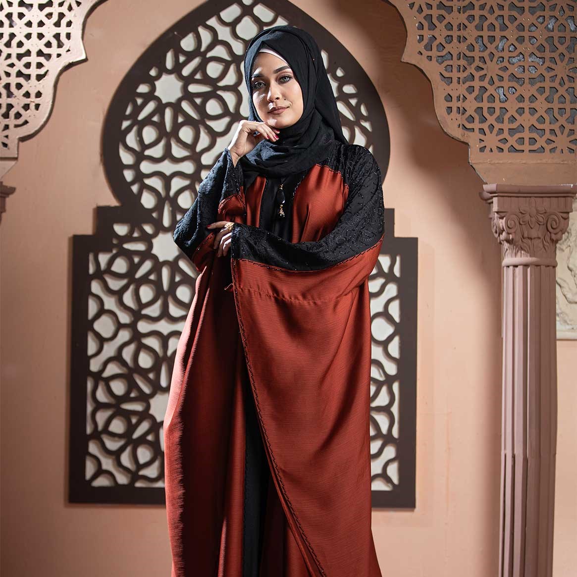 Black & Maroon Color Abaya with Embroidery & Stone Work