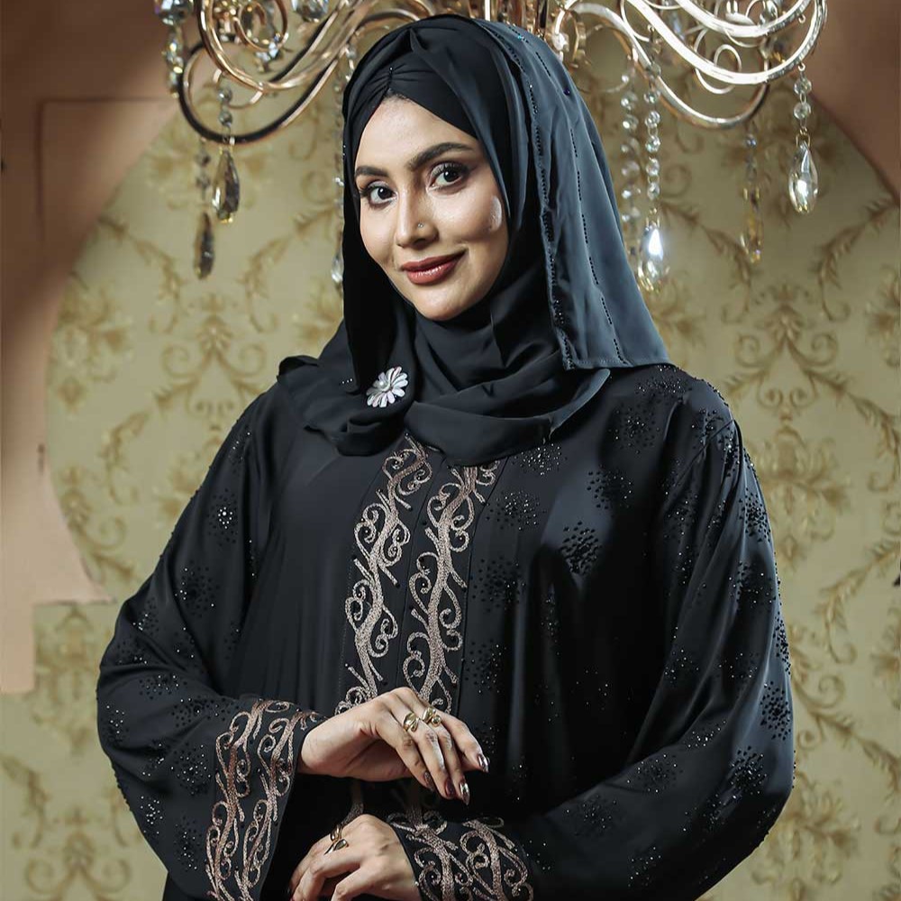 Black Color Borka Design with Embroidery & Stone Work